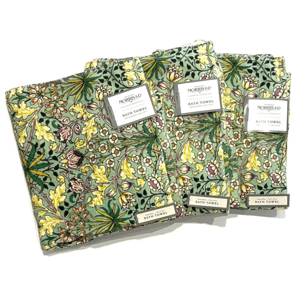 William Morris & Co Bath Towel Set 3 Pcs Hyacinth Green Yellow Purple NWT 30x54”